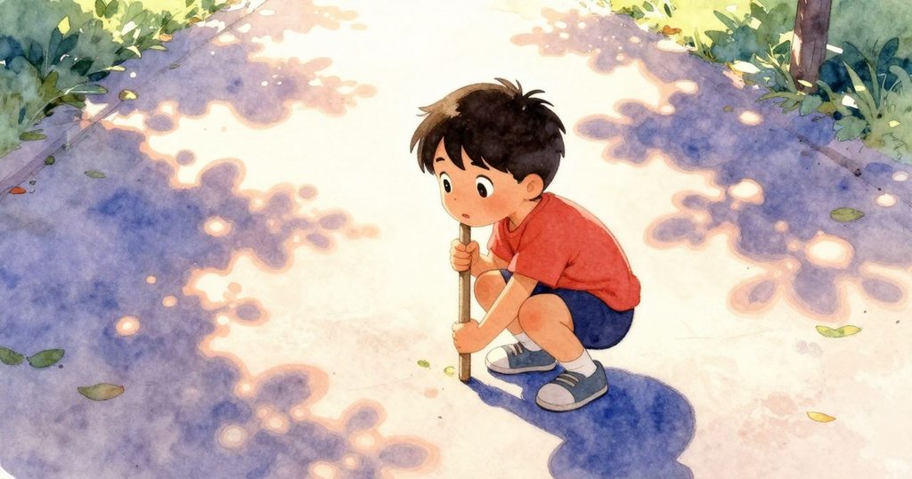 加納在明亮的車道上蹲著調整直立木棍，陽光照射下形成鮮明剪影，展現開始創作的興奮與專注