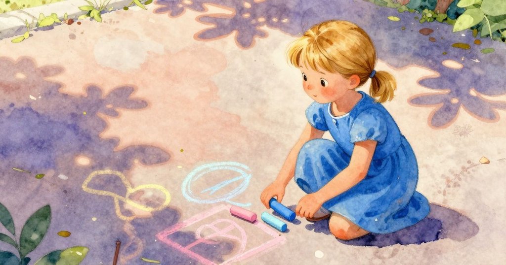 艾達站在粉筆供應台前，手持藍色棒子，注視著車道上清晰的粉筆線條，神情專注期待創作進展