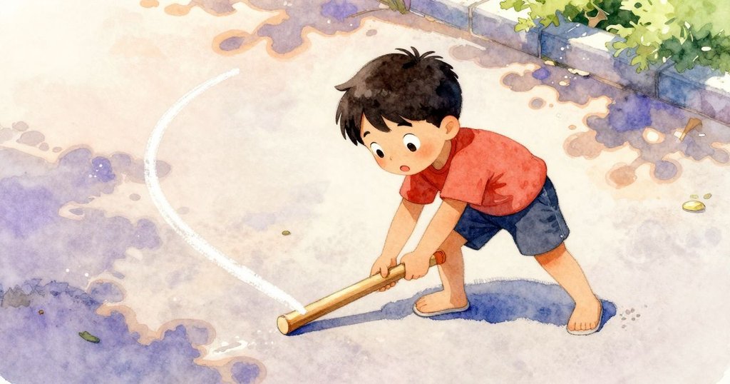 加納彎身調整因微風偏斜的木棍，車道上彎曲的粉筆線條與手肘留下的模糊痕跡，動感中流露專注