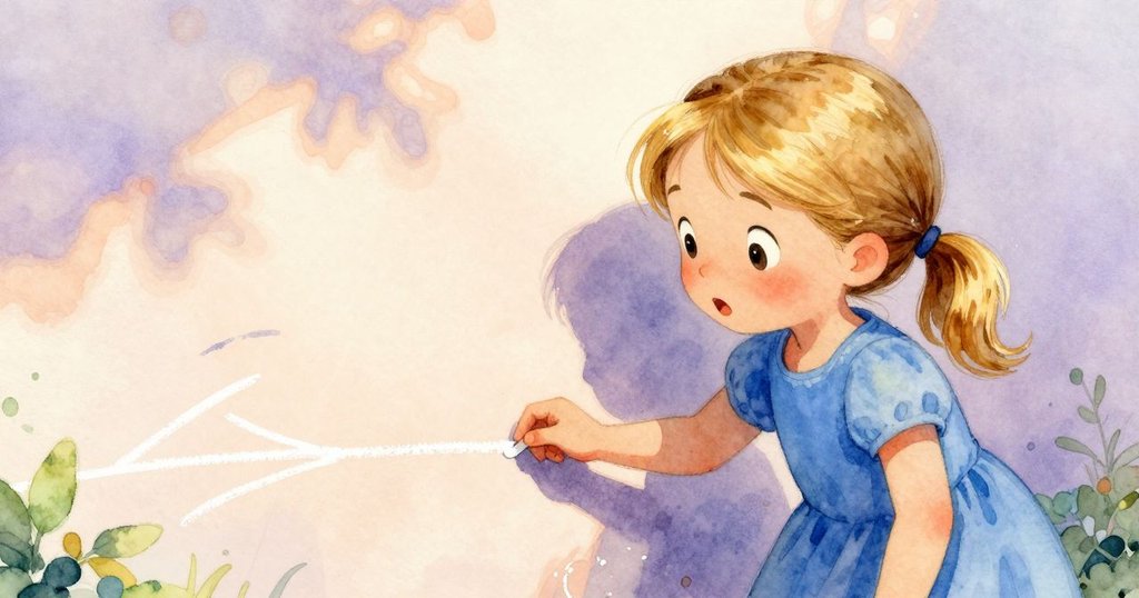 艾達驚嘆地看著車道上粉筆線條因手誤而變得模糊，溫暖回憶色彩與清晨精準對比，情感流露