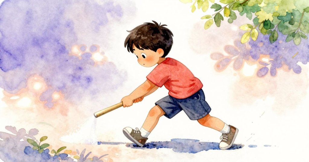 加納迅速調整木棍，手部揮動間留下一串粉筆塵跡，明亮陽光下動感十足，展現專注與活力