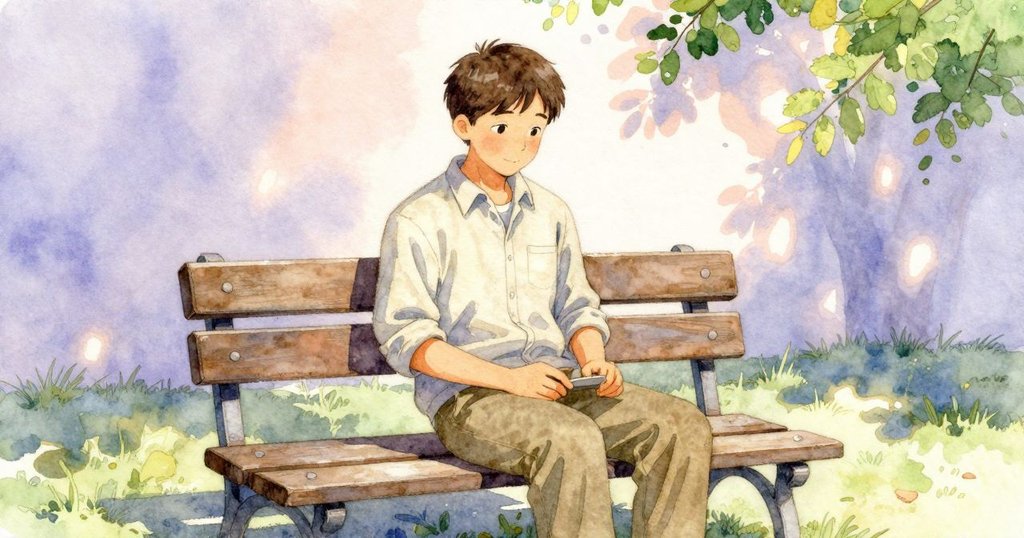 山姆在樹蔭下的遊樂場長椅上安坐閱讀，遠望後方粉筆創作熱鬧景象，神情悠然自得