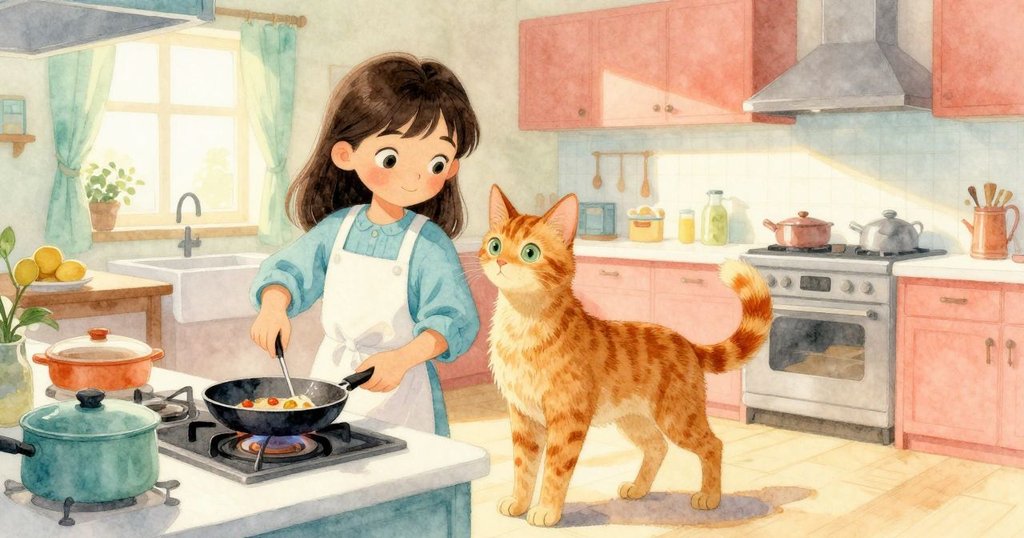 Marisol在溫暖社區廚房忙碌煮食，貓咪在窗台上好奇觀望，燦爛晨光下開始故事情節