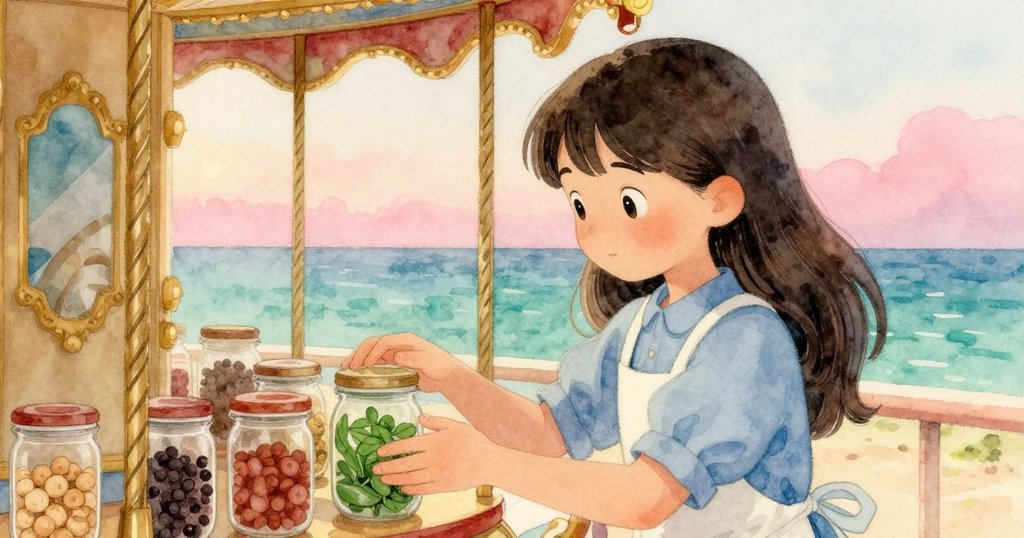 Marisol伸手從轉動的木製香料轉盤取出香草，聚焦廚房細節與手部動作，故事進展中