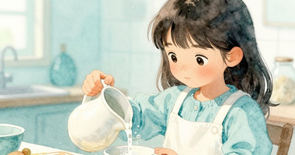 Marisol檢查陶瓷壺內氣泡和麵糊液位，特寫畫面展現廚房期待氛圍，手部動作細膩，故事中段