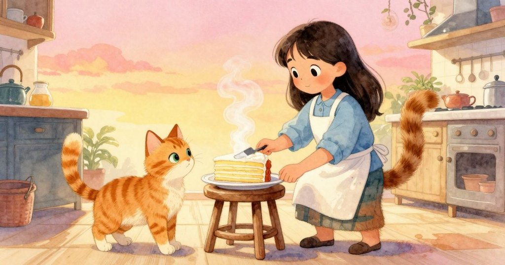 Marisol小心切開層疊可麗餅蛋糕，蒸氣袅袅上升，姜色貓圍繞凳子，廚房溫馨慶祝，故事圓滿結局