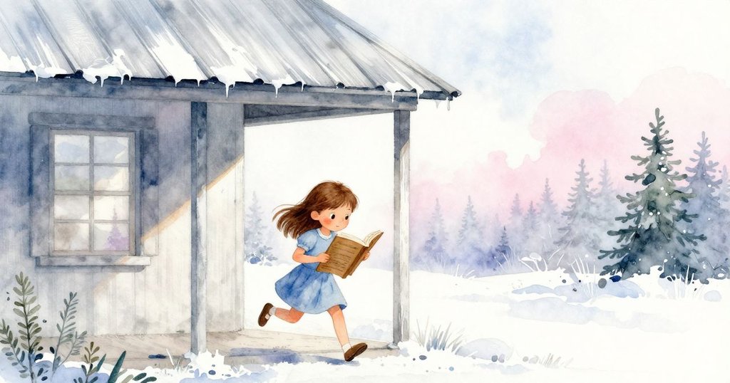 Cleo在門廊前急忙閱讀濕痕記錄簿，雨滴落下，表情專注，充滿緊張與期待。