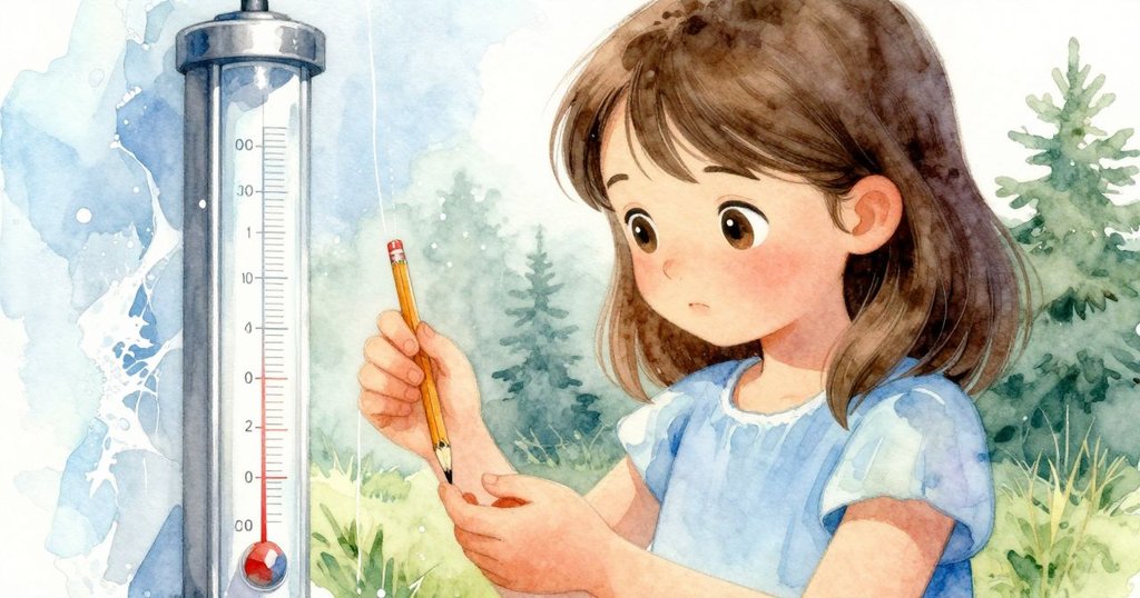 Cleo蹲下仔細檢查雨量計水位，筆尖在記錄簿上輕觸，臉上充滿專注與焦慮。