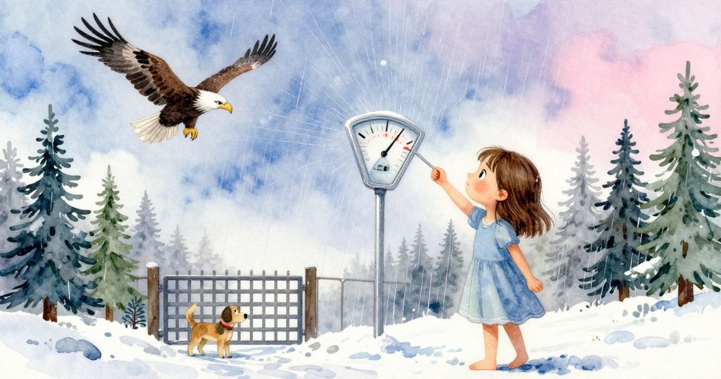 大雨最後來襲，雨量計在雨滴中搖晃，鄰居狗凝視門外，老鷹盤旋高空，呈現自然與生命的和諧。