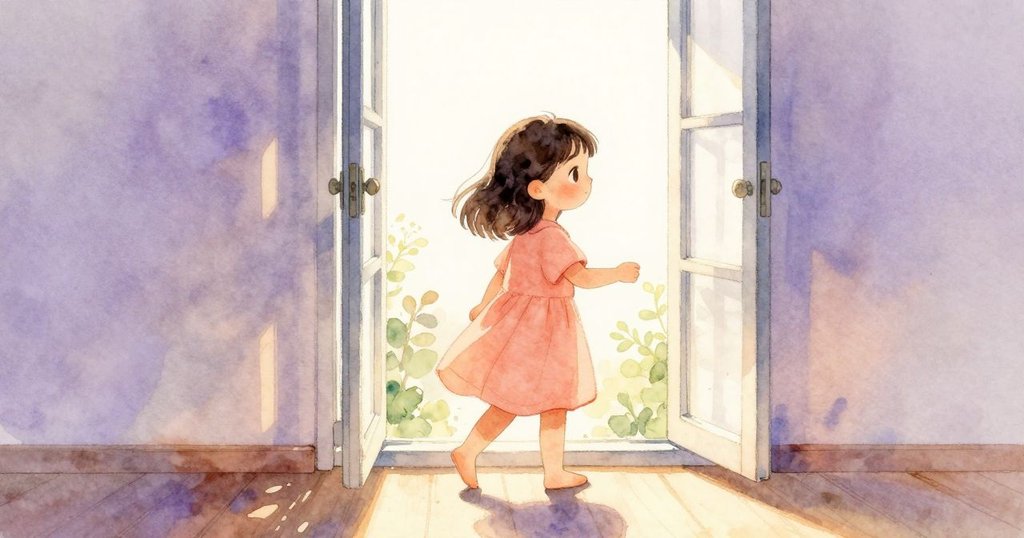 塔蒂亞娜走向開放窗邊，柔和晨光映照室內，帶著期待與創意的微笑，故事開始展開