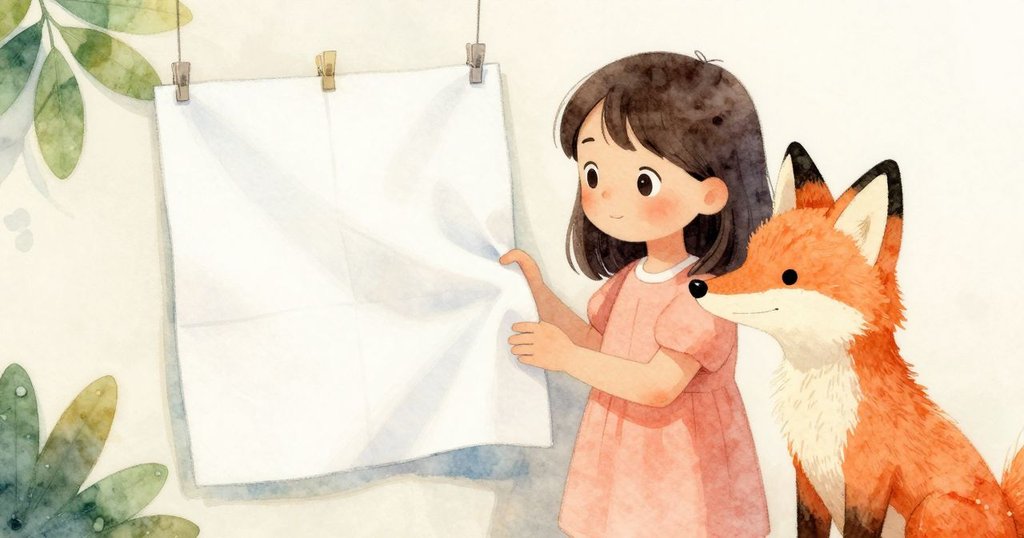 紙板狐狸與固定床單並排展示，細節豐富，塔蒂亞娜在旁仔細觀察，溫暖室內氛圍中呈現對比