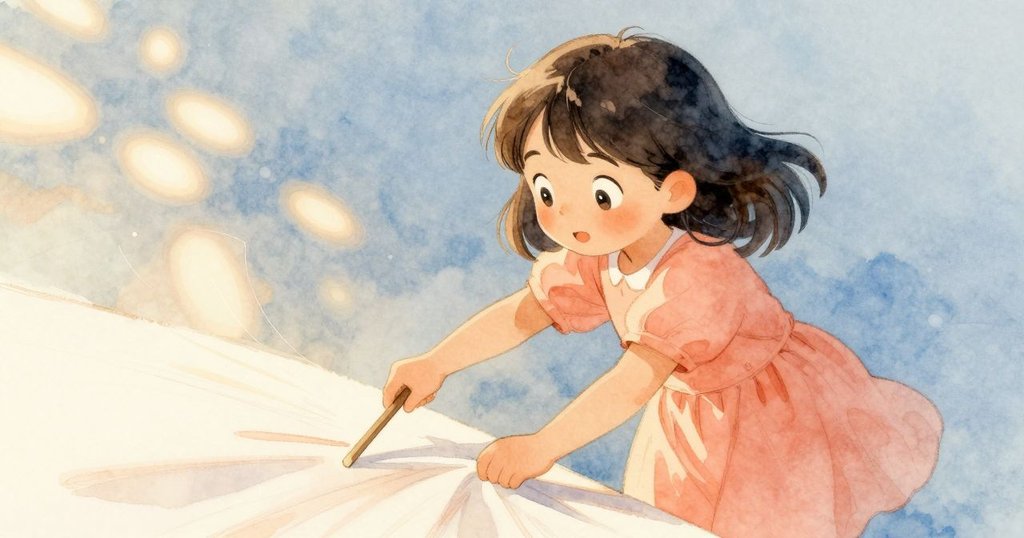 塔蒂亞娜快速移動道具，形成柔和運動軌跡，紙板狐狸隨布料輕輕移動，動感與溫暖光影交織