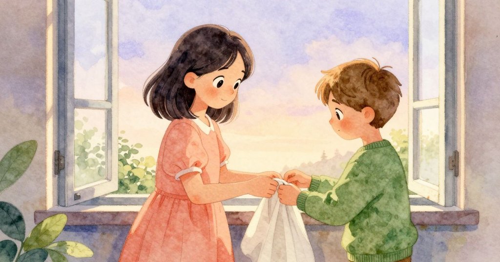 塔蒂亞娜與希諾並肩合作，調整床單與紙板狐狸，夕陽餘暉中展現和諧，故事走向完美結局