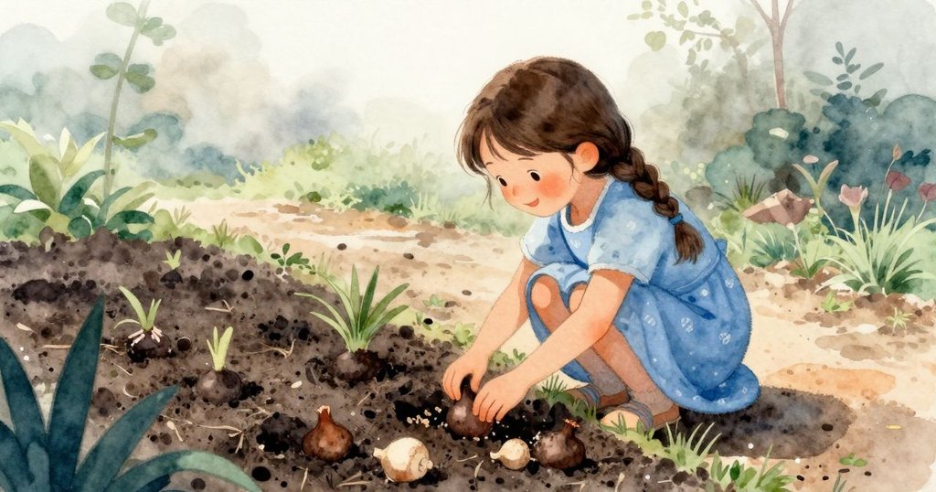 Nadia正在晨霧中整理花卉球莖，花園背景柔和光線，露珠閃爍，神情專注平靜，展現早上開始的寧靜情景