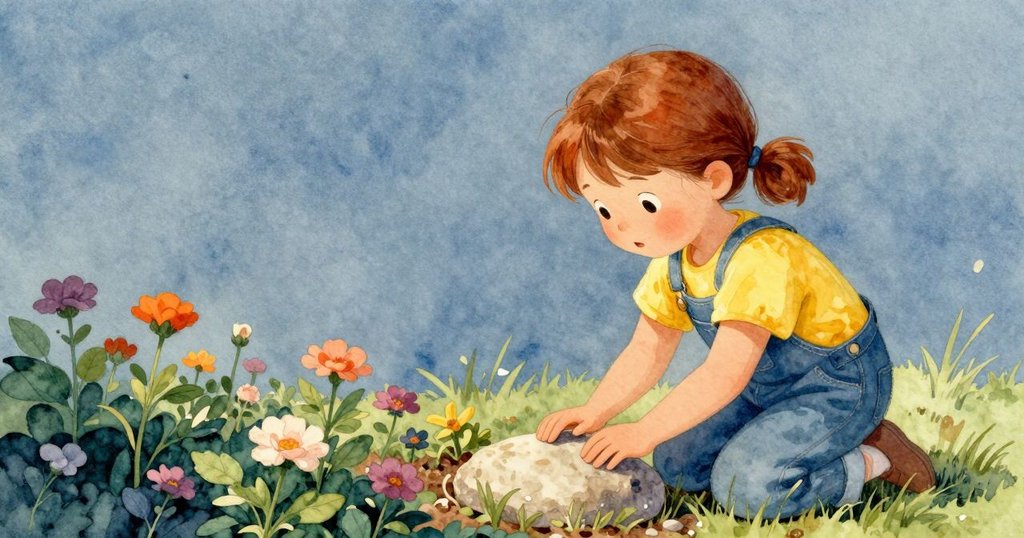 Eve在花壇中蹲下輕敲圓石，寬廣背景呈現留白，展現了細膩好奇心與大自然間的靜謐互動