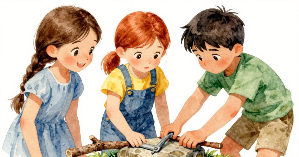 Jonas的視角顯示其手部動作，小心將平石放於作杠杆的樹枝下，呈現出專注與堅定的情景