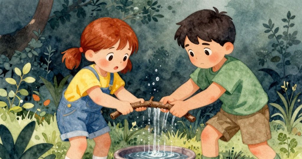 Jonas靠著樹枝後仰，Eve檢查泥痕，水滴滲入杠桿下，花園中呈現出變化與氛圍交織的情景