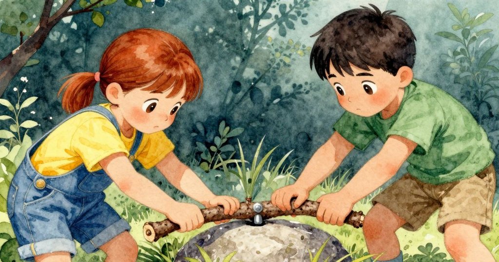 Eve與Jonas專注合作推動杠桿，石頭因摩擦發出尖銳聲響，泥土細節突顯出緊張且期待的瞬間