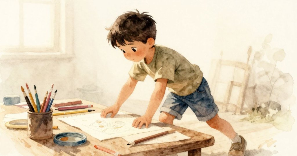 Rafe 走向鋪滿報紙的桌子，桌上放著紙巾捲、沖洗水瓶和塑膠冰格，神情堅定，充滿創作期待