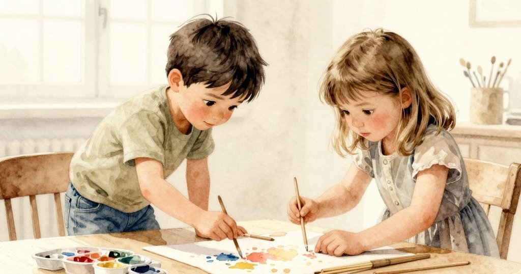 Rafe 與 Halle 在桌前忙碌，Rafe 混合顏料，Halle 挑選工藝棒，畫面角度傾斜，充滿創作動感