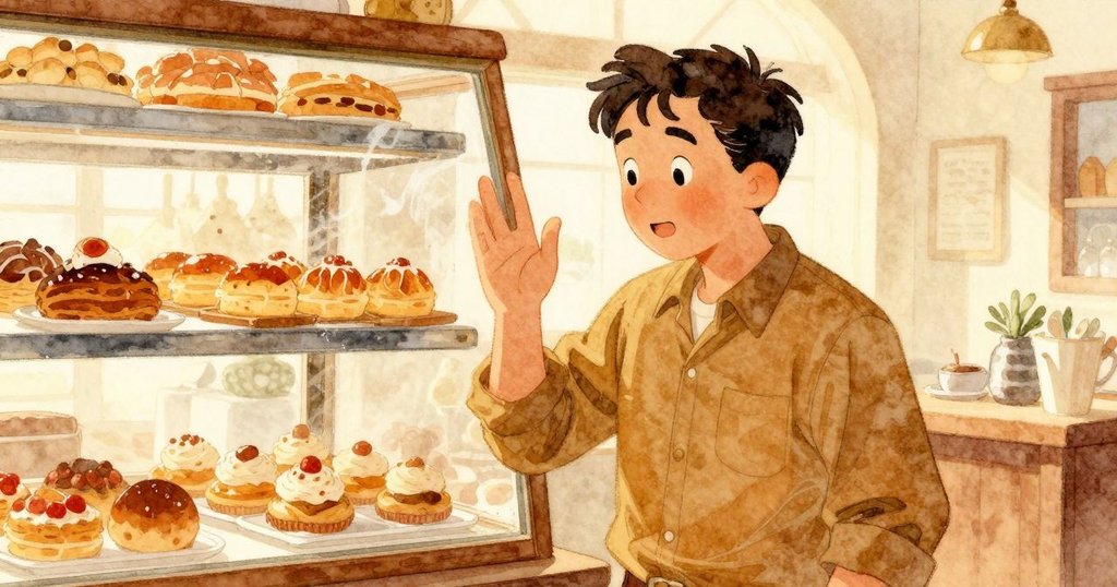 Troy在溫暖烘焙室中用手指觸碰起霧的玻璃,露出櫃台中隱約可見的藍莓捲,場景充滿好奇與期待