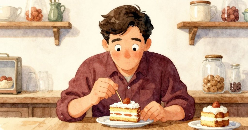 Troy目光聚焦近距離觀察蛋糕與牙籤, 臉上流露出疑惑與好奇, 櫃檯環境溫暖而細緻