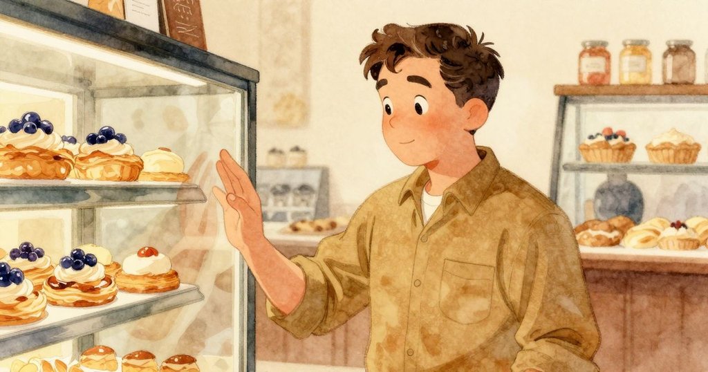 Troy站在清澈玻璃前,玻璃上反射出櫃台中精緻的藍莓捲與糕點, 神情中透露著疑慮與期待