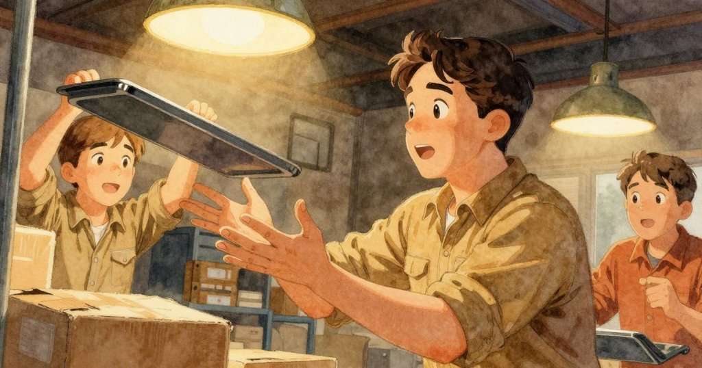 Henrik在包裝區迅速接住掉落托盤,Troy在後方驚訝地注視, 兩人動作生動,場景充滿動感與溫暖氛圍