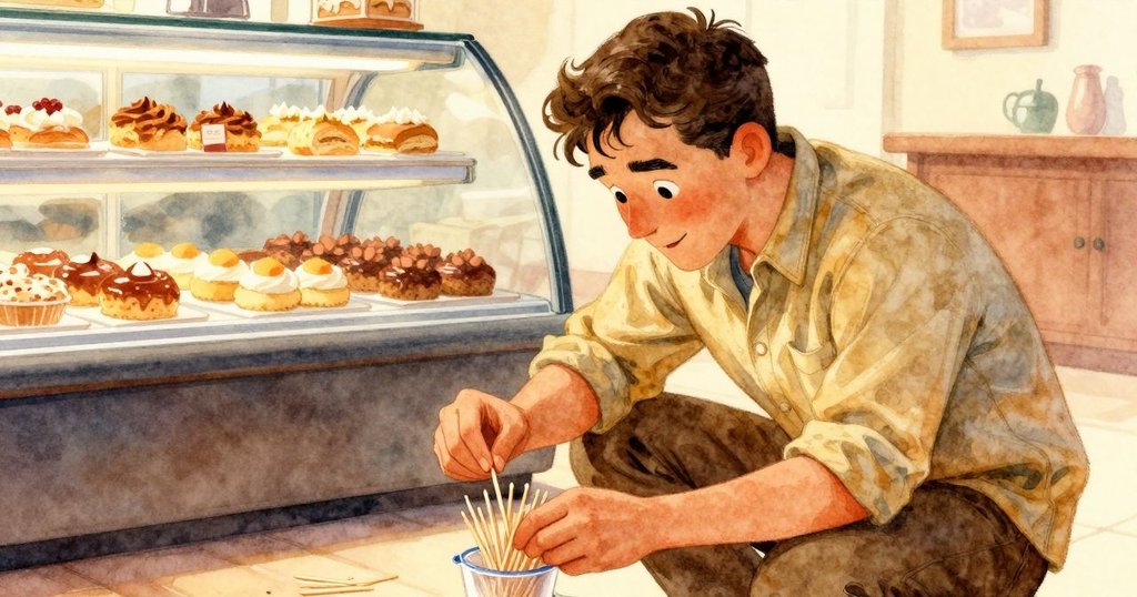 Troy蹲下收拾散落牙籤並小心放回杯中,透過清晰玻璃可見櫃檯上精緻藍莓捲,場景展現結局平靜與溫暖