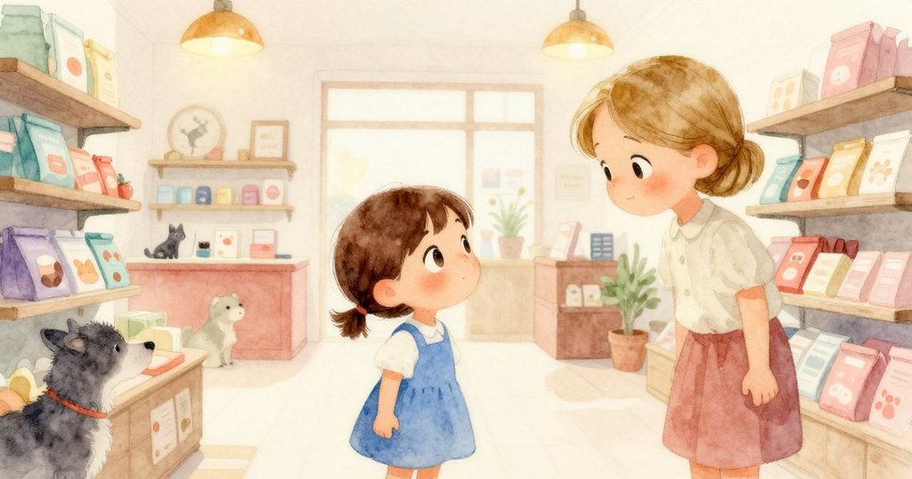 Tess專注蹲在展示籠邊，與母親共同逛寵物店，背景溫暖柔和，充滿活力的家庭情景