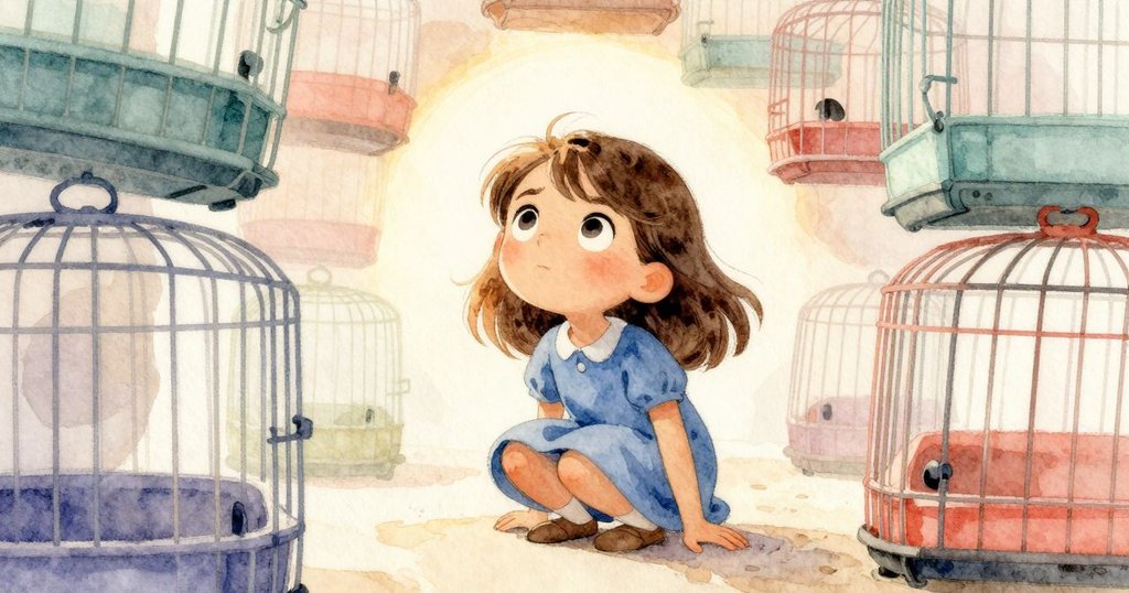 Tess蹲在展示籠下仰望，眼神堅定，低角度拍攝展現她尋找奶油斑點倉鼠的專注神情