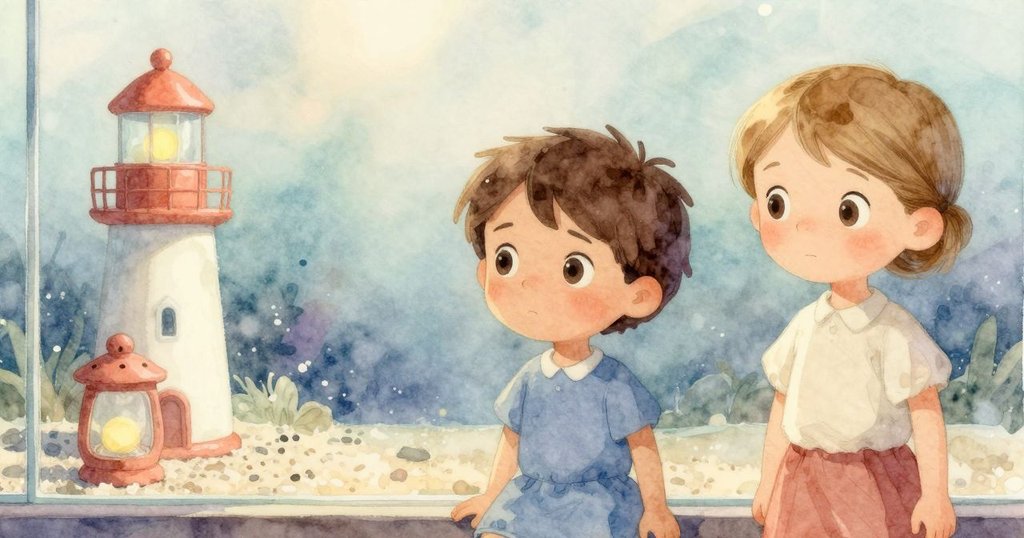 透過水中觀察水族箱內陶瓷燈塔和黏土燈籠靜臥沙礫，畫面有冷暖燈光交織的效果