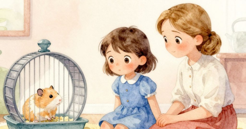 Tess與母親在寵物展示籠前溫馨團聚，奶油斑倉鼠活躍於輪上，雙方面帶微笑，情節圓滿收束