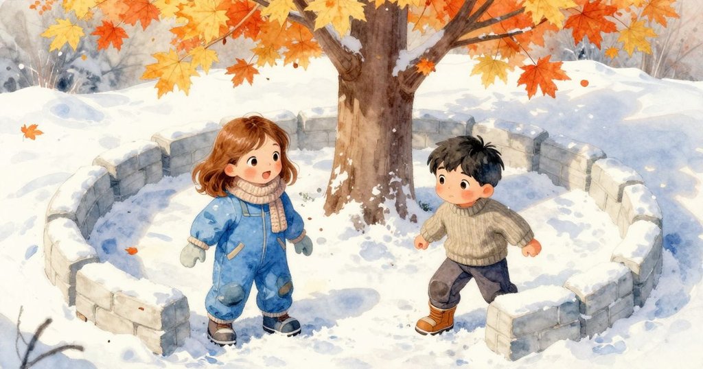 高空俯視的畫面中,樹蔭下積雪堡牆環繞枫樹,小雪花點綴,寧靜而活潑