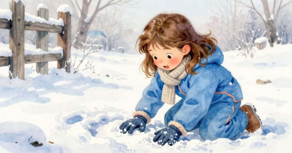 阿爾瑪在雪堆旁用模具壓印雪花圖案,動作專注,背景有木柵欄,溫柔冬季氛圍