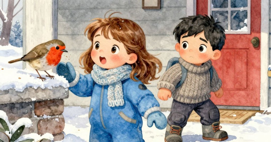 一隻知更鳥輕輕停在濕潤的雪堡牆邊,好奇地啄食著散落的種子,寧靜而充滿探險感