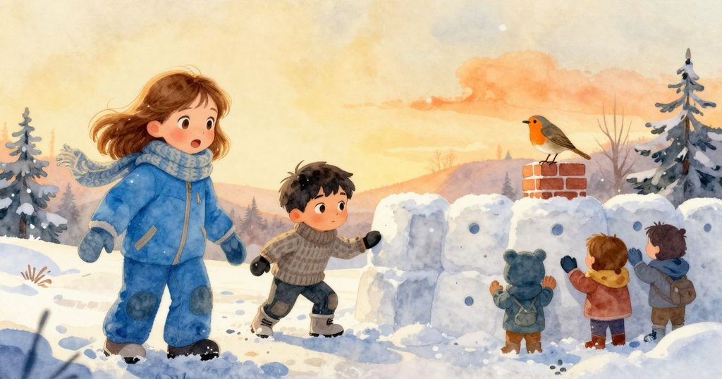 在金色暖光中,雪堡牆修建完成,知更鳥安坐其上,阿爾瑪與芬恩滿懷欣慰地相視,冬日景色溫暖且充滿希望