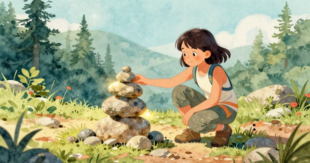 Tara在開闊步道上蹲著，伸手觸摸大地，溫暖陽光中展現寧靜與期待，背景有石堆和自然風光。