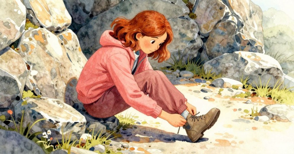 Maeve站在陰影中的巨石旁，專注整理鞋帶，日光照射在石堆上，形成強烈光影對比，充滿探索氛圍。