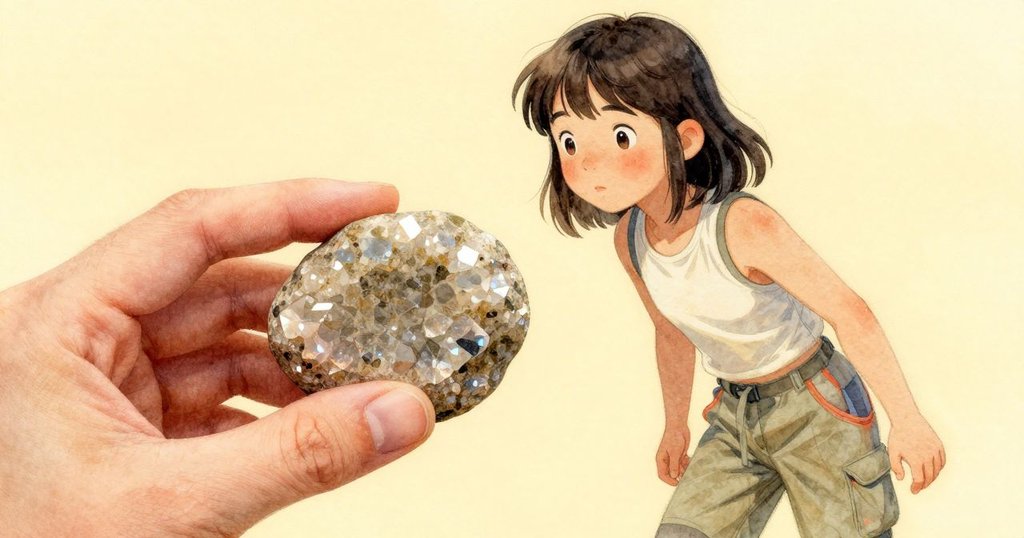 Tara近距離展示手握刻痕石頭，石上石英反射出微光，細節豐富，透露專注與驚喜。