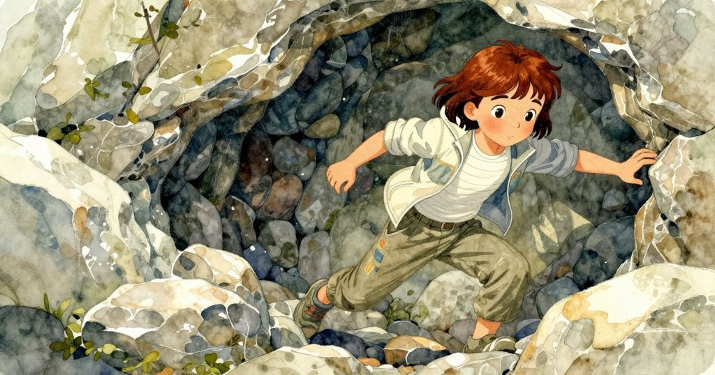 Tara翻轉石塊揭露隱藏凹陷，Maeve準備拍攝，光與影交錯中顯現微妙風動，氣氛緊張而充滿期待。