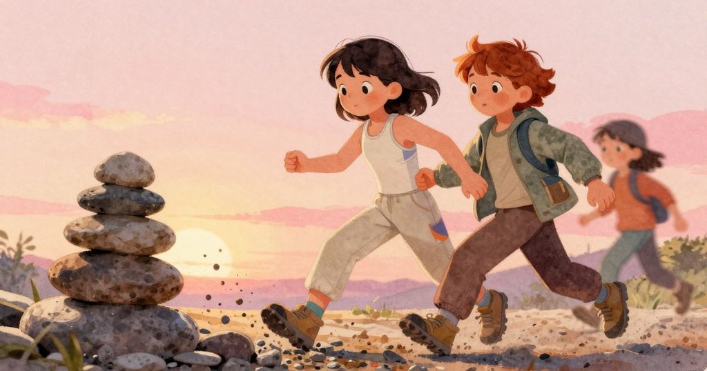 Maeve輕觸石堆導致碎石四散，Tara急忙重新調整石頭，夕陽映射下動態感十足，展現活力與緊湊動作。