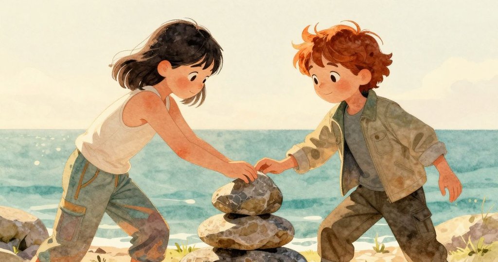 Maeve微笑放下相機，Tara舉起新調整石塊，夕陽映襯下完成任務的溫馨告別，場景充滿寧靜與滿足。