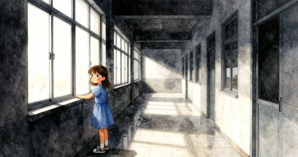 黛芬穿藍裙於開窗走廊中行走，明亮瓷磚映照清晨微風，表現堅定神情，外景寬闊展現校園建築