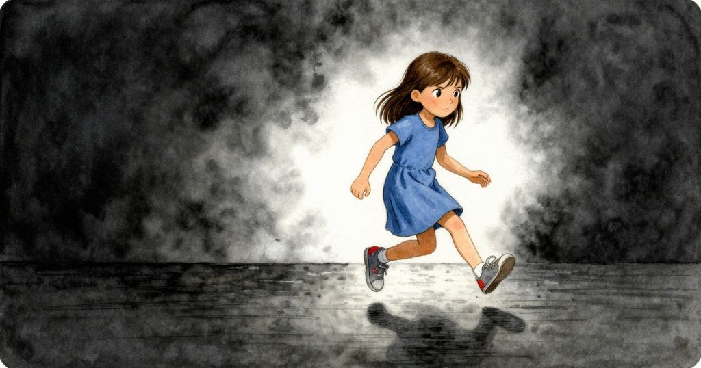 黛芬小心踏在光滑瓷磚上，空曠走廊襯托出冷冽金屬欄杆，神情專注透露一絲憂慮