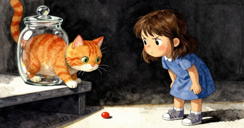 玻璃罐於儲藏櫃架上微傾，單顆軟糖沿罐邊滑動，溫暖氣流映出微光，近景呈現細膩反光