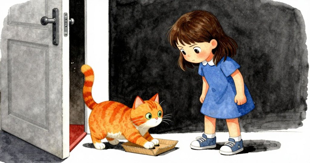 黛芬蹲身檢視沾膠鞋，橘貓從半開門活躍闖入，紙盒掉落釘子散落，室內過渡空間展現突發情境