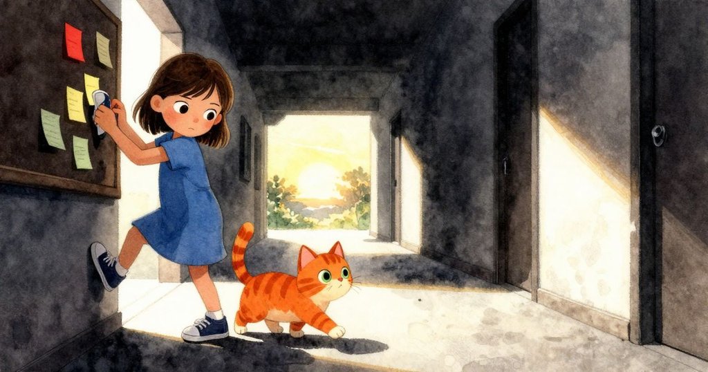 黛芬拚力穿過佈告欄，鞋上釘子如種子點綴，橘貓緊隨其後，溫暖夕陽照耀走廊，結尾溫馨動人