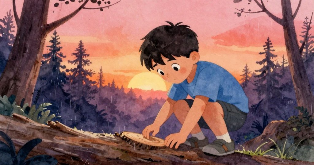 在濕潤森林中，Zev蹲下仔細觸碰倒下原木上細小腳印，表情專注而好奇