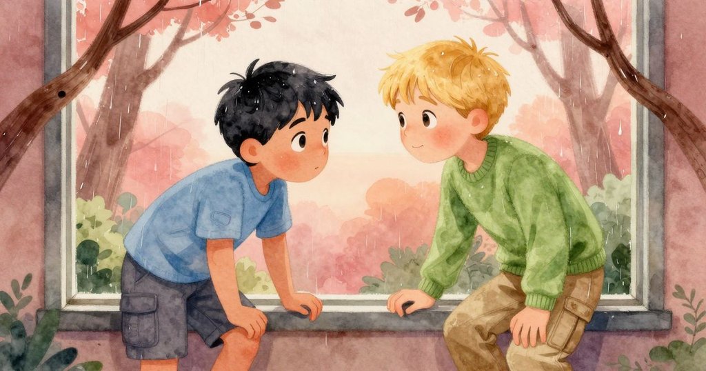 透過樹枝滴水形成的視窗，Zev急切查看Declan受傷的腿部，在濕潤森林中流露關心